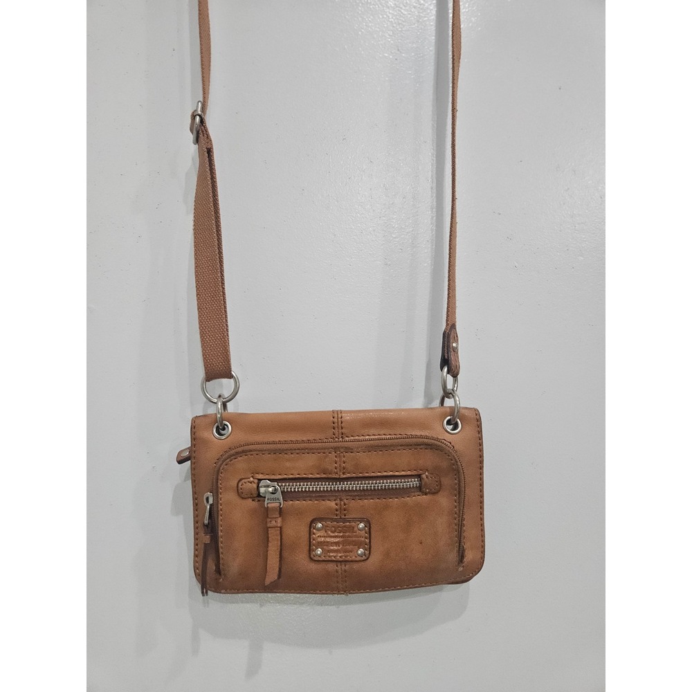 Fossil Long Live Vintage Brown Leather Crossbody Organizer Bag Cognac